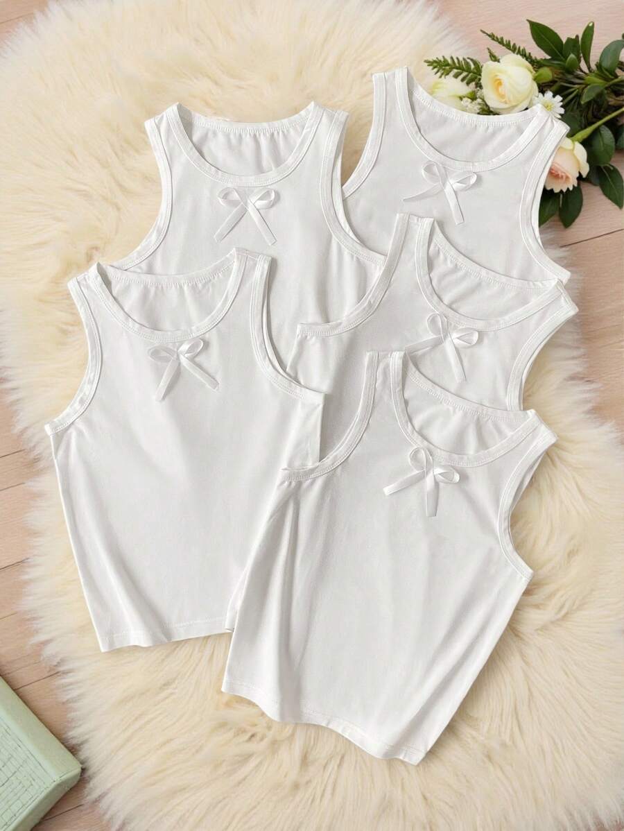 Parte superior de camisola sin mangas blanca con diseño de lazo para niña preadolescente, elástica, lavable a máquina, ajuste cómodo, fácil de cuidar (se vende por separado) Moda de regreso a la escuela - Blanco - Ver 1