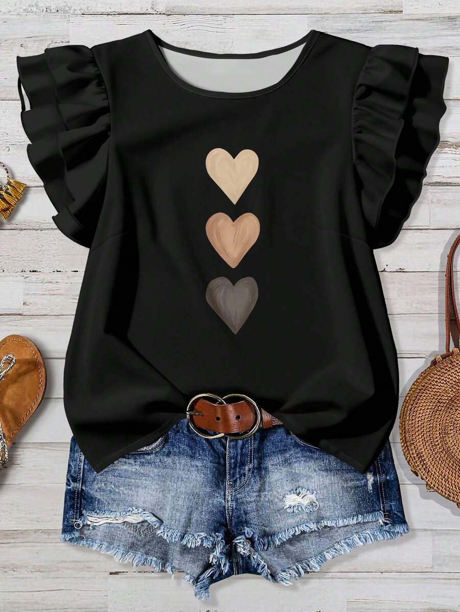 SHEIN Clasi Curve Plus Size Women's Daily Casual Elegant Print Round Neck Double Layer Small Cap Sleeve Loose Blouse,Summer For Women Suitable For Going Out - Multicolor - View 1