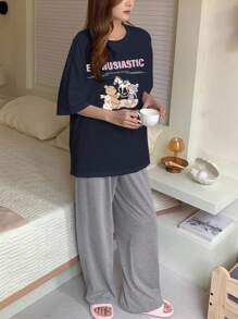 DAZY 2件套女士可爱卡通印花宽松短袖和裤子睡衣套装睡衣 - 藏蓝色 - 查看 3