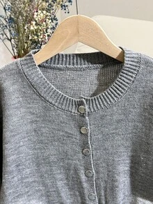 SHEIN 青少年女孩休闲家居服/街头服饰纽扣式圆领长袖开衫，麻灰色 - 灰色 - 查看 5