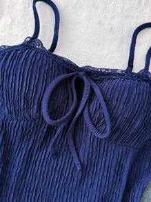 Teen Girls Navy Blue Knitted Texture Camisole Summer, Butterfly Lace BM Style, Inner And Outer Wear, Back To School, Vacation & Casual Daily Wear Tank Tops & Camis - Blue - View 4