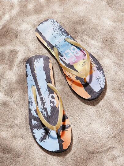 Grefit 休闲海滩度假时尚百搭舒适女士人字拖，带有热带椰子树图案，度假休闲