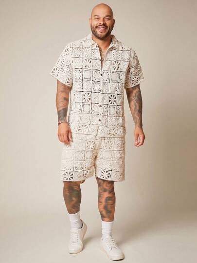 EASEVO Plusstorlek Herrset med lös stickad skjorta och shorts, för hösten/vintern