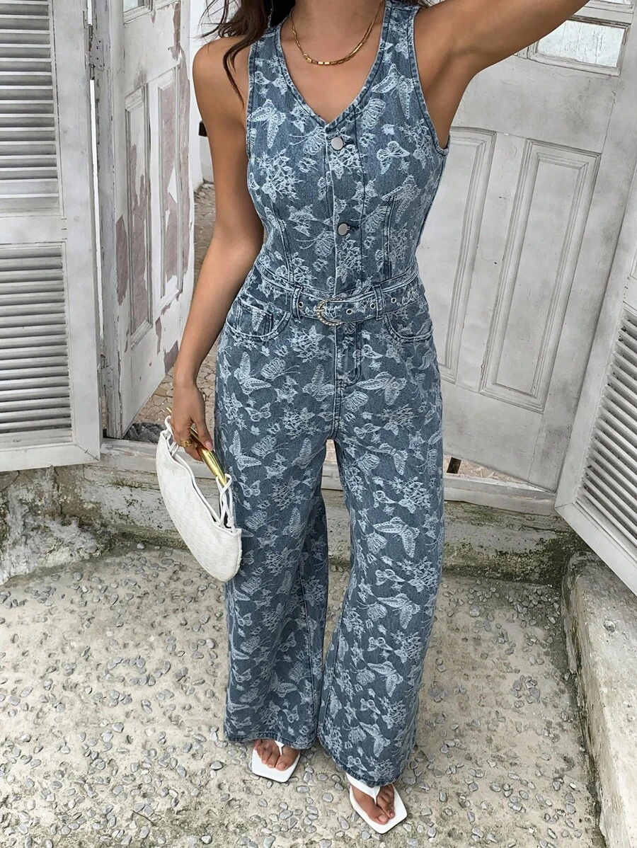 DAZY 女式蝴蝶刺绣V领无袖牛仔连体裤 - 藍色 - 查看 1