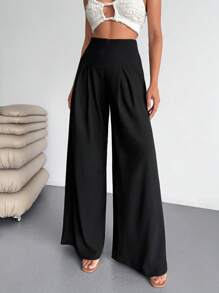 EURMUSE Weite plissierte Hose, zeitgenössisches Hüftdesign, bequemer Stoff - Schwarz - Übersicht 4