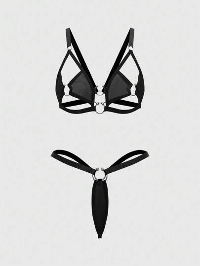 Grunge Punk Dark Punk Metal Ring Sexy Bralette & Thong Underwear Set