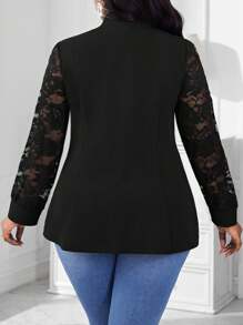 SHEIN Lady 春夏秋冬优雅通勤办公黑色针织蕾丝缺口撞色蕾丝长袖加大码工作服秋冬西装外套，女士办公着装，秋季商务休闲女装，曲线商务职业女性休闲商务休闲秋季教师