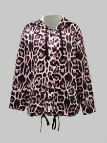 INAWLY Women Front Zipper Long Sleeve Leopard Print Minimalist Hooded Casual Jacket