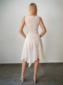 Sweetina 2pcs Y2K Beige Western Going Out Sheer Embroidered Sequin Paisley Sleeveless Sheer Backless Crop Top And Asymmetrical Hem Skirt 2 Pieces Set - White - View 2