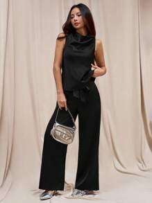 SHEIN PETITE بدلة نسائية بلون موحد بياقة عالية بدون أكمام وبنطال، للنساء الصغيرات - الأسود - مشاهدة 5