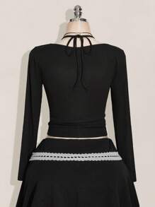 SHEIN ICON 大码蕾丝拼布V领长袖T恤，秋季，返校，日常休闲装 - 黑色 - 查看 2