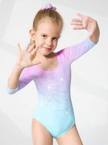 SHEIN 3/4 Sleeve Gradient Color Rhinestone Leotard For Young Girls Competition, Gradient Print & Rhinestone Design, Comfortable, Soft & Stretchy Bodysuit For School Gymnastics, Dance And Sports Training Fall Winter - Multicolor - View 3