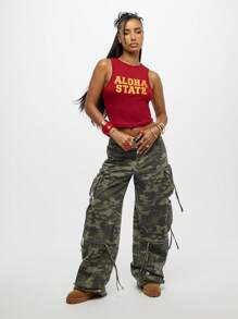 SUMWON WOMEN 夏威夷州无袖罗纹赛车背心，夏季节日夏威夷岛海滩休闲学院风 - 紅色 - 查看 1