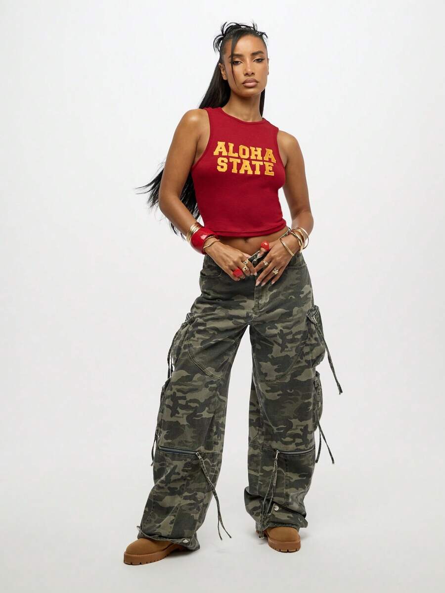 SUMWON WOMEN 夏威夷州无袖罗纹赛车背心，夏季节日夏威夷岛海滩休闲学院风 - 紅色 - 查看 1