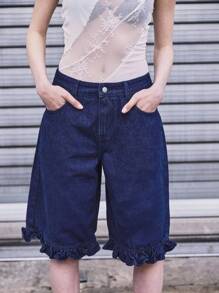 COUREZ 阔腿荷叶边短裤 / 女士夏季穿搭 Y2K 街头风可爱复古棉质短裤 - 深色水洗藍 - 查看 4