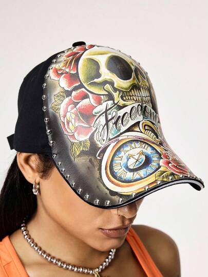 Grunge Punk 1pc Men's Baseball Cap, 3D Print Design Wide Brim Hard Top Snapback Hat, Casual Outdoor Sun Protection'