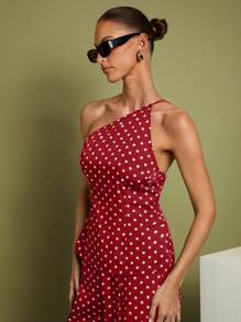 COSMINA 女士波尔卡圆点印花无袖上衣和阔腿裤时尚两件套 - 酒紅色 - 查看 4