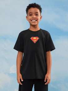 SUPERMAN X SHEIN Tween Boy Cool Back Superhero English Letter Print Black Slim Fit Spring/Summer Short Sleeve T-Shirt