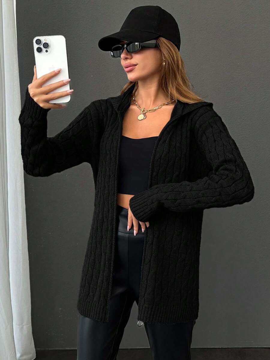 EURMUSE Cardigan With Hoodie Detail And Black Everyday Autumn Casual - Black - View 1