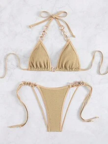 Swim Vcay Nya Sommar Kvinnor Halter String Cirkulär Ring Dekor Axelrem + Triangelbyxor Cirkulär Ring Dekor String Enfärgad Sexig Avslappnad Semester Bikiniset - Kaki - Visa 7