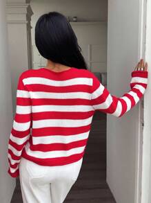 INAWLY Damen gestreifter, langer Arm, einreihiger, locker sitzender Lässig Cardigan mit Tasche - Rot-Weiß - Übersicht 2