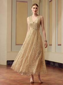 ZEYLAH Sparkly Mesh V-Neck Sleeveless Slim Waist Dress, Party Gown For Women - Apricot - View 1