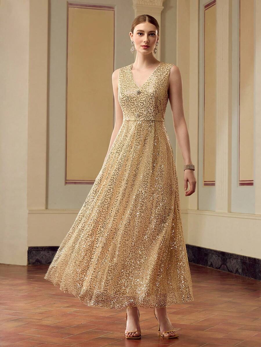 ZEYLAH Sparkly Mesh V-Neck Sleeveless Slim Waist Dress, Party Gown For Women - Apricot - View 1