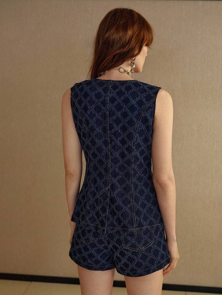 REFINED CASUAL TEXTURED DENIM FITTED WAIST TOP