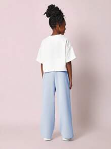 SUMWON Conjunto Califórnia Cropped Top Perna Larga Uso Diário Primavera Verão Outono Moda Conforto Casual Streetwear - Azul - Visão 2