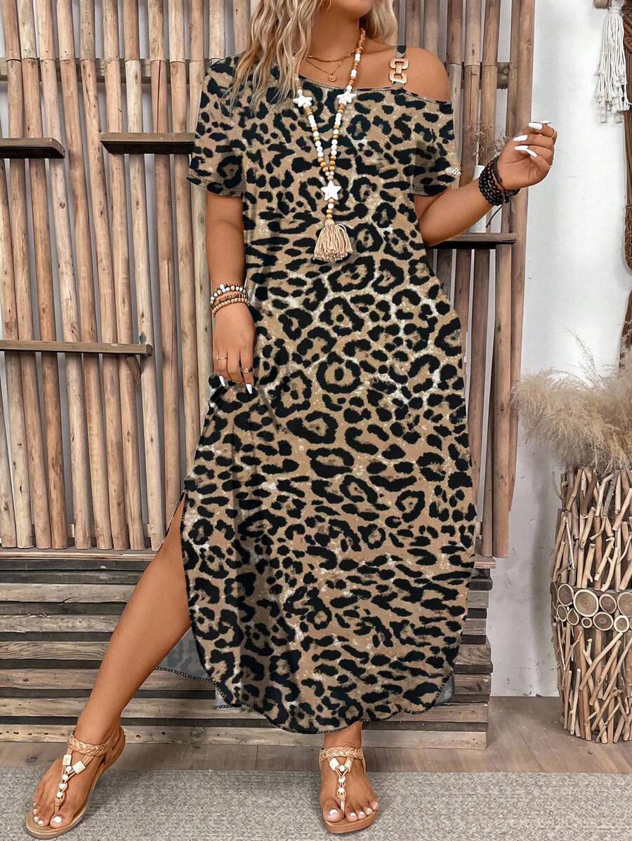 SHEIN LUNE 2025 New Plus Size High Waist Leopard Print Dress, Summer Slimming Design For Women - Multicolor - View 1