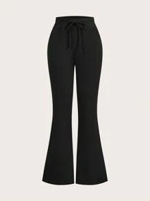 SHEIN Tall 女士纯色高腰系带喇叭腿休闲裤，百搭 - 黑色 - 查看 2