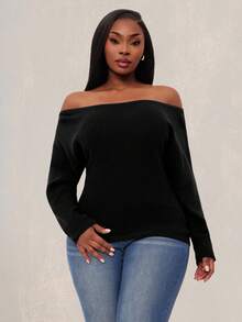 SHEIN SXY 大码女式秋冬、春夏优雅华丽纯色露肩休闲长袖毛衣，适合外出、约会之夜、聚会、老钱、情人节 - 黑色 - 查看 12