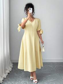 Elenzga Elegantes Kleid in Große Größen für Damen mit einfarbigem Kurzarm V-Ausschnitt und Schleife - Gelb - Übersicht 7