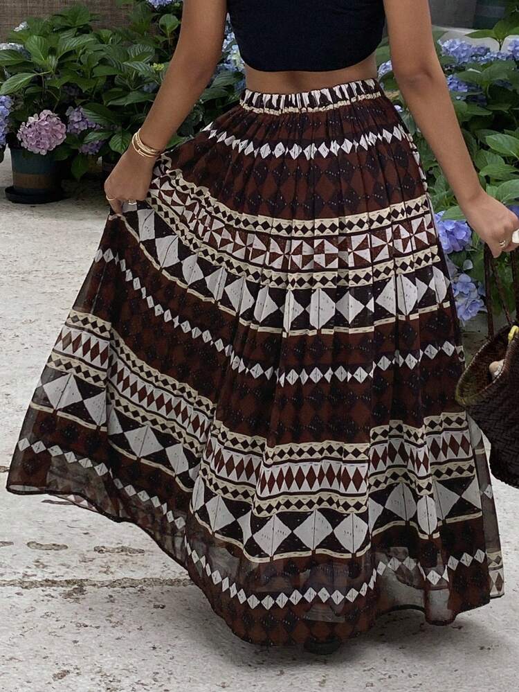 Floral Printed Pleated Long Skirt, Casual Resort Wear For Women, Summer
