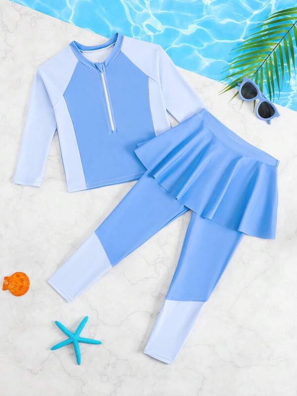 Conjunto de tankini informal con pantalones largos y mangas raglán de color contrastante para niña