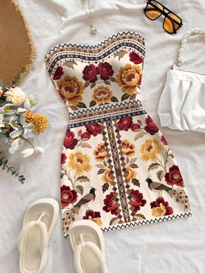 Soleia 女式波西米亚花卉刺绣印花露肩迷你连衣裙，休闲日常百搭，适合约会、下午茶、海滩、游轮、城市休闲、四季、婚礼季、春夏季度假、游轮、海岛度假、音乐节、波西米亚度假