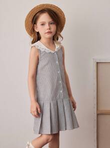 PrepCrw Young Girls Preppy Style Black & White Striped Patchwork Collar Front Button Sleeveless Dress Girls School Uniform School Tops Teen Girl Clothes For School Cute Tops For School Uniform School For Girls Back To School Outfits Girls Back To School Outfit First Day Of School Outfits - Black and White - View 4