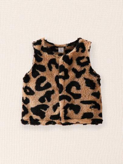 SHEIN Playful Pals Infant/Baby Girl Reversible Leopard Print Fleece Casual Jacket