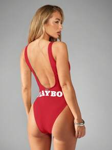 Missguided x Playboy 圣诞节连体字母图案高衩泳衣，前拉链方领露背夏季沙滩泳池泳装 - 紅色 - 查看 3