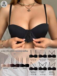 SHEIN 3 件套 - 多色阳台马克杯罩杯前扣聚拢文胸，可变换肩带 - 彩色 - 查看 4