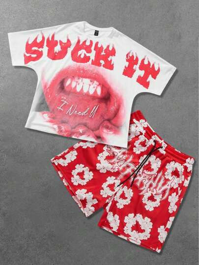 Street Life Couple's Street Style Graphic Tee Set, Short Lip Print English Letter Design Casual T-Shirt Set