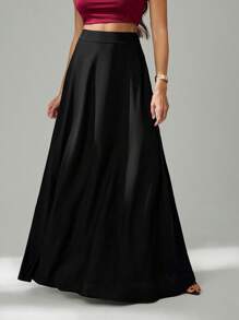 SHEIN Tall Women's Solid Color With Slanted Pockets Practical Elegant Simple Commuting Office A-Line Umbrella Skirt - Black - View 1