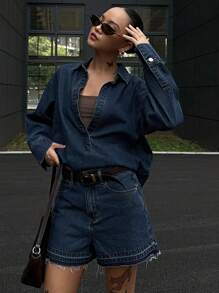 DAZY 2 件套休闲牛仔衬衫和短裤套装，秋季女装 - 深色水洗藍 - 查看 8