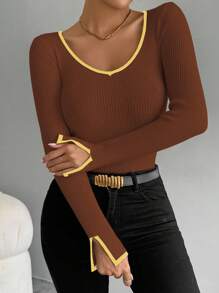 SHEIN LUNE Contrast Trim Cuff Slit Casual Fitted Women Sweater Knit Pullover Fall Winter - Multicolor - View 6