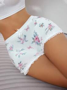 SHEIN 1pc Women's Cute Flower & Bow Decor Panties Floral Panties Ruffle Panties Frilly Panties Floral Lingerie Set Booty Shorts Lingerie - Multicolor - View 6