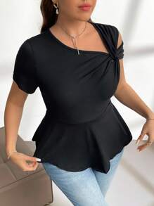 Firerie Talla grande Camiseta de cuello asimétrico girante delantero - Negro - Ver 3