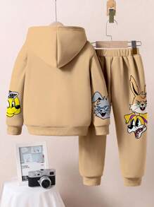 SHEIN Bộ 2 áo nỉ chui đầu phong cách thể thao giản dị rộng rãi cho bé trai, ấm áp dày dặn cho mùa thu/đông - trắng - Xem 3