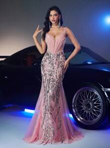 Glamrae Elegant & Luxurious Mesh Patchwork Embroidered Sequin Floral Lace Ruffle Mermaid Formal Dress, Suitable For Wedding, Bridal Shower, Party, Vacation, Prom - Dusty Pink - View 6