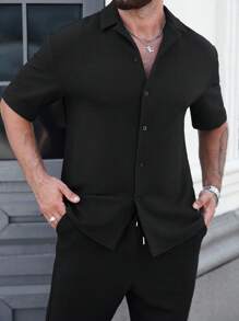 Manfinity Homme 1 套男士格子纯色提花短袖衬衫 + 抽绳松紧腰裤，夏季男士必备服装