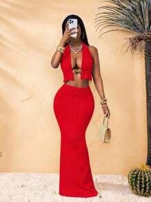 BamGleam Women Textured Metal Cutout Crop Halter Top And Mini Skirt Bodycon Sexy Set